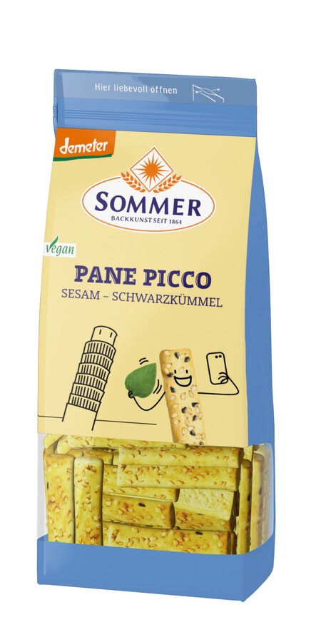 Mach deinen Snack-Moment zu etwas Besonderem mit Sommer & Co. Pane Picco, veredelt mit Sesam und Schwarzkümmel sowie Kräutern der Provence. Diese veganen, knusprigen Sticks sind eine edle Wahl für alle, die nach einer geschmackvollen Alternative zu herkömmlichen Chips suchen. Dank der kurzen Zutatenliste und der erstklassigen Demeter-Qualität kannst du jeden Bissen genießen. Ob zum Dippen oder einfach so zum Knabbern – die Kombination aus hochwertigem Olivenöl, aromatischem Sesam und intensivem Schwarzkümmel kreiert ein unvergleichliches Geschmackserlebnis.