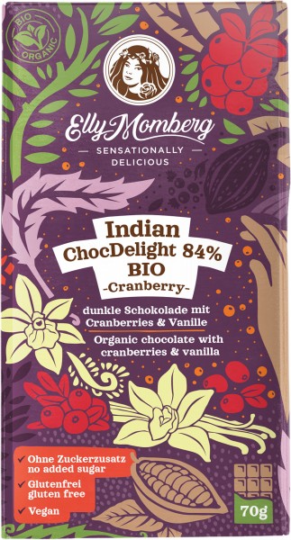 Elly Momberg Indian ChocDelight 84%, 70 g Packung Vanille &amp; Cranberries