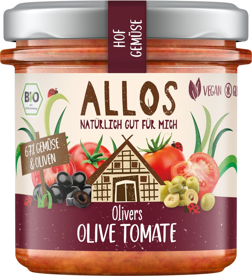 Mit Allos Hof-Gemüse Olivers Tomate Olive erlebst du eine kulinarische Revolution im Glas. Dieser Bio-Aufstrich vereint bis zu 70% Gemüse aus unserem frischen Sortiment mit dem feinen Aroma von Oliven, was ihn zu einem wahren Geschmackserlebnis macht. Bei einem Fettgehalt von maximal 20% bringt er puren, intensiven Genuss auf deinen Tisch. Perfekt, um deine Brotzeit oder Snacks geschmacklich zu bereichern.