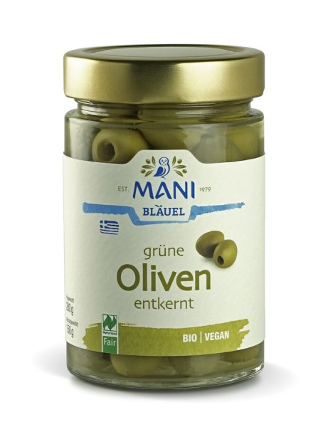 Mani Grüne Oliven, entkernt, in Lake, 280 gr Glas
