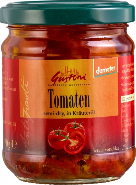 Gustoni halbgetrocknete Tomaten, demeter, 190 gr Glas (110 gr)