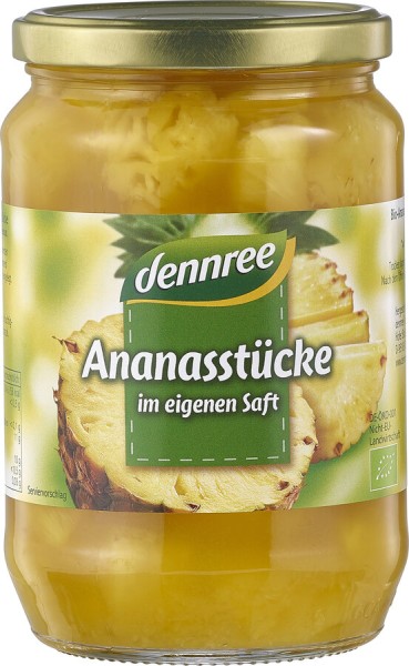 dennree Ananas-Stücke im eigenen Saft, 685 gr Glas