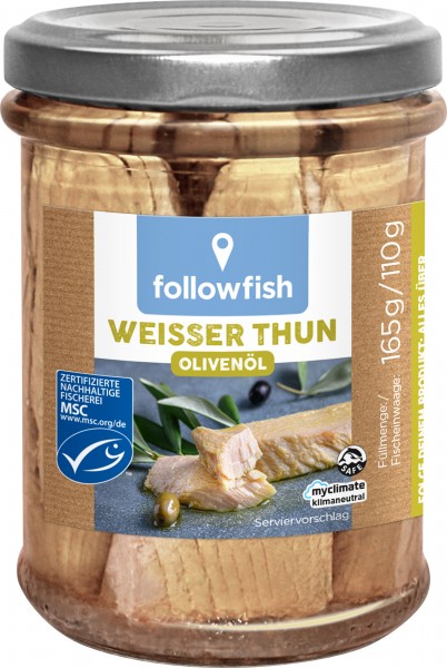 followfish Weißer Thunfisch in Bio-Olivenöl, 160 gr Glas (110 gr)
