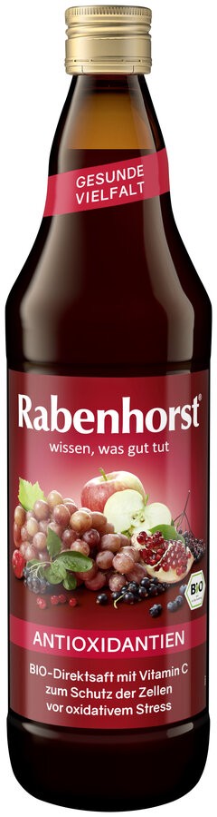 Rabenhorst Antioxidantien, 0,75 ltr Flasche - Wissen, was gut tut. Mehrfruchtdirektsaft mit natürlich enthaltenem Vitamin C, welches dazu beiträgt, die Zellen vor oxidativem Stress zu schützen. Bitte vor dem Öffnen die Flasche schütteln.