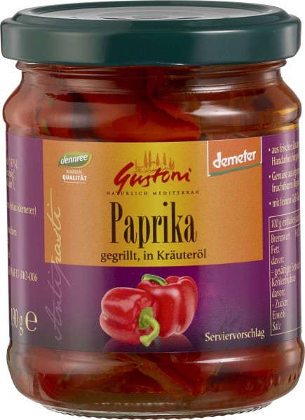Gustoni gegrillte Paprika, in Kräuteröl, demeter, 190 gr Glas (110 gr