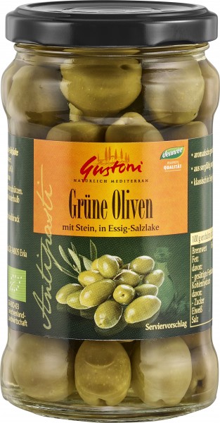 Gustoni Grüne Oliven, mit Stein, in Essig-Salzlake, 300 gr Glas (180 gr)
