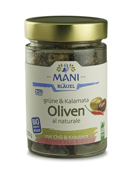 Mani Grüne &amp; Kalamata Oliven al naturale mit Chili