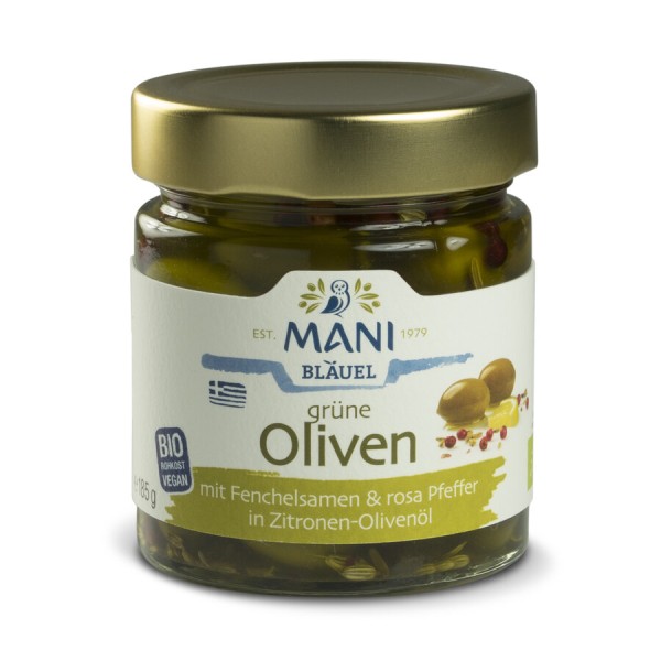 Mani Grüne Oliven mit Fenchel, rosa Pfeffer, in Zi