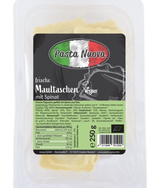 Pasta Nuova Frische Maultaschen mit Spinat, vegan,