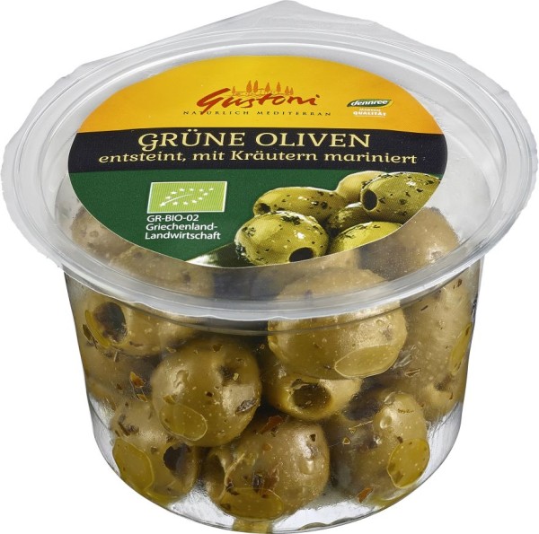 Gustoni Grüne Oliven gekräutert entsteint, 100 gr Schale entsteint