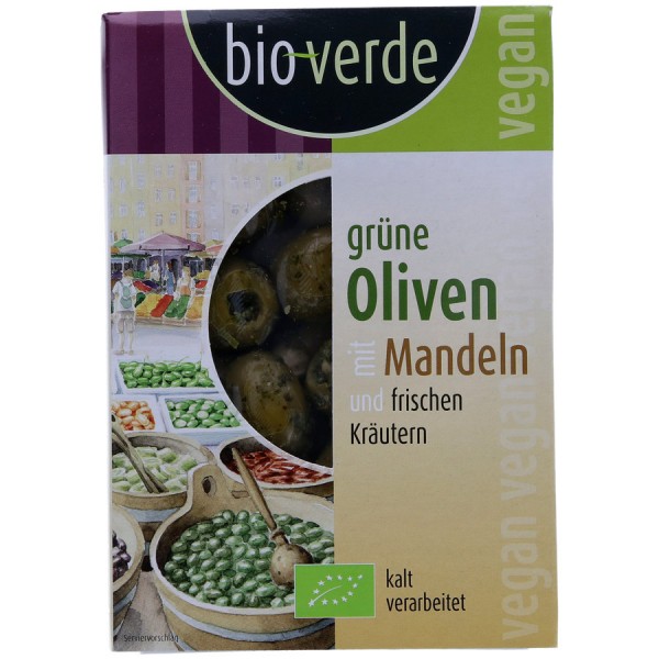 Grüne Oliven mit Mandeln, gekräutert 150g