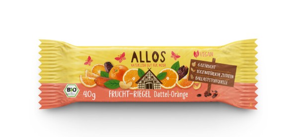 Allos Frucht-Riegel Dattel Orange, 40 g Stück