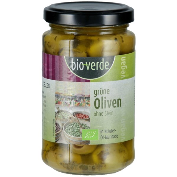 bio-verde Grüne Oliven ohne Stein, in Ölmarinade,