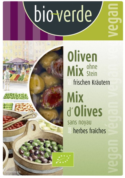 bio-verde Gemischte Oliven o. Stein gekräutert, 15