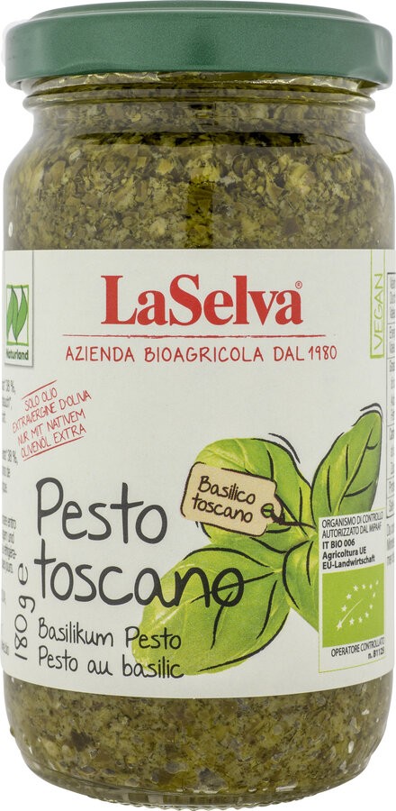 Tauche ein in die Geschmackswelt der Toskana mit La Selva Pesto Toscano. Dieses cremige Pesto begeistert mit seinem kräftig-würzigen Basilikumgeschmack, der aus 100% toskanischem Basilikum stammt. Verfeinert mit erstklassigem nativem Olivenöl und einer Spur Knoblauch, bewahrt es sein frisches Aroma und den unvergleichlichen Geschmack. Ob als klassische Pasta-Sauce, auf knusprigem Brot oder als kreative Würze für Kartoffeln und Fleisch – dieses Pesto ist deine Geheimzutat für authentisch italienische Genussmomente.