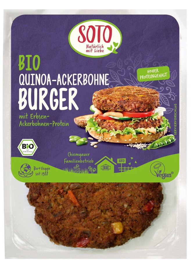 Belebe deine Küche mit dem SOTO Burger aus Quinoa und Ackerbohne, einer 150g Packung voller Geschmack und hochwertigem pflanzlichem Protein. Dieser vegane Leckerbissen vereint Erbsen- und Ackerbohnenprotein zu einem kulinarischen Highlight. Ob als herzhafter Grillgenuss oder als Teil einer schnellen Mahlzeit – dieser Bio-Burger verspricht ein vielseitiges und außergewöhnliches Geschmackserlebnis für jeden Anlass. Ideal für alle, die Wert auf Genuss legen.