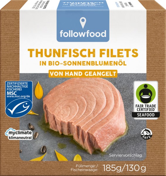 followfish Thunfisch Filets in Bio-Sonnenblumenöl, 185 gr Dose (130 gr) Bio-Sonnenblumenöl