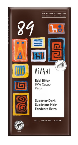 Vivani Edel Bitter 89% Cacao Peru, 80 gr Stück