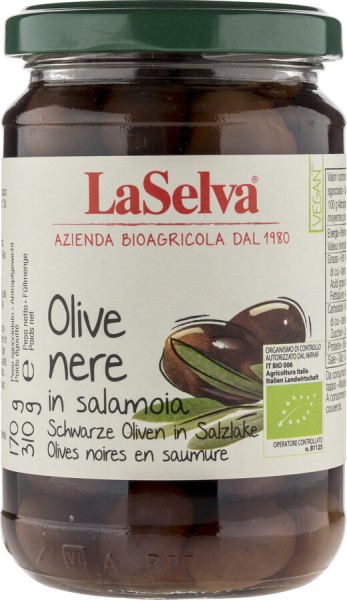 La Selva Schwarze Oliven, mit Stein, in Salzlake,