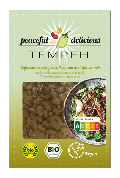 peaceful delicious Sojabohnen Tempeh Sesam und Knoblauch, 200 g Packung